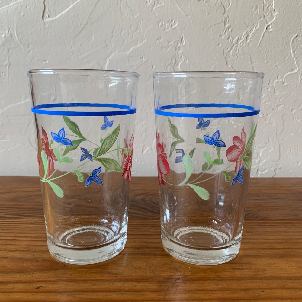 Set of 2 - Vintage KIG Indonesia Floral Highball Glasses – Blue Rim - Picture 10 of 12